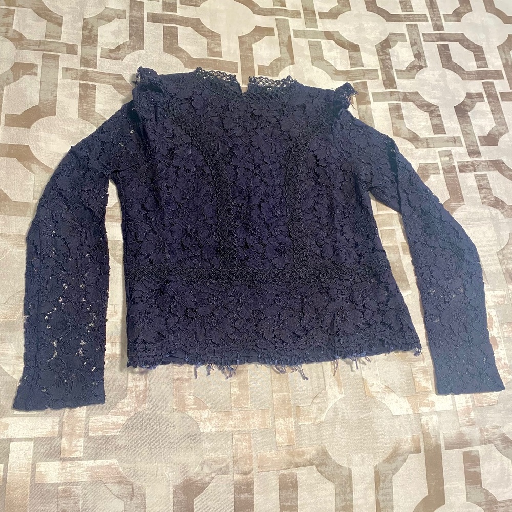 Express Navy Scalloped Hem Lace Top, Size XXS